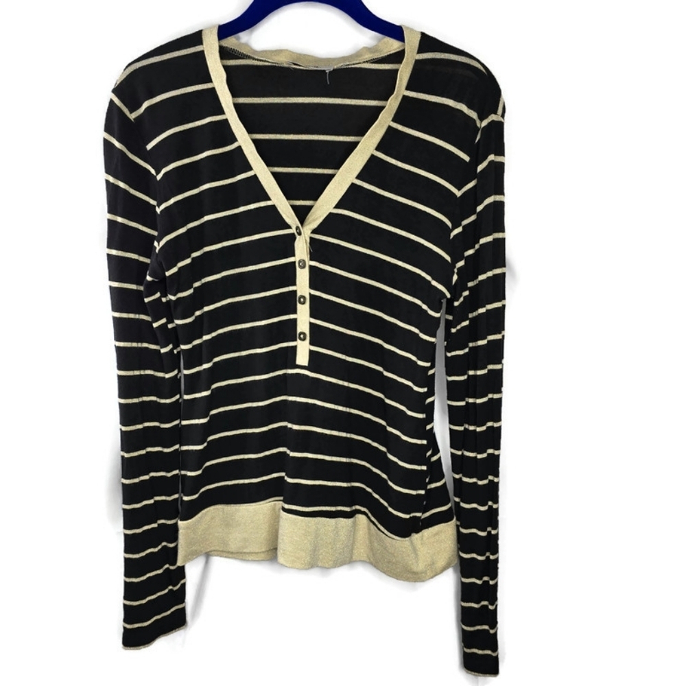 When Black and Gold Stripe Slim Fit Henley Top Made in Italy Size Large